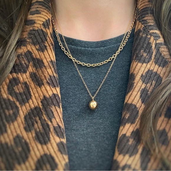 Chain Necklace 18k Gold Plated Dual Chain One Thick One Ball Chain - Picture 7 of 11